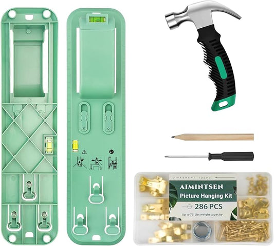 Picture Hanging Kit,Picture Hangers,Wall Hanging kit,Picture Frame Hanger Tool 290 Pieces Heavy Duty Photo Hanger Accessories with Picture Hanging Wire, Hooks, Nails ，Hammer and Wall Hanger Level