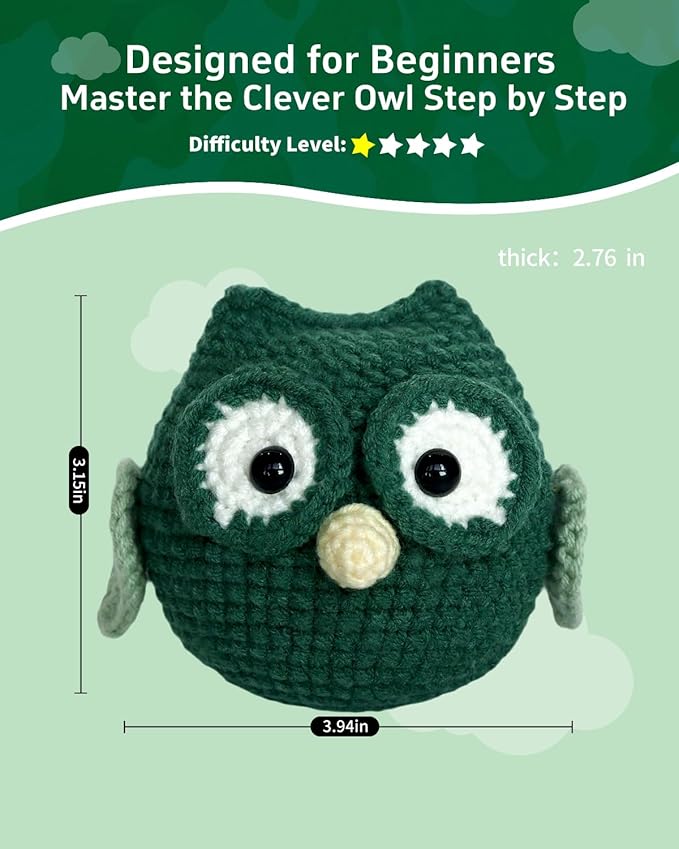 Fortilo Crochet Kit for Beginners Crochet Animals Green Owl with Step-by-Step Video Tutorials 30% Extra Yarn, Perfect for Gifts, Emotional Support, Ideal Knitting Kit for Adults, Kids