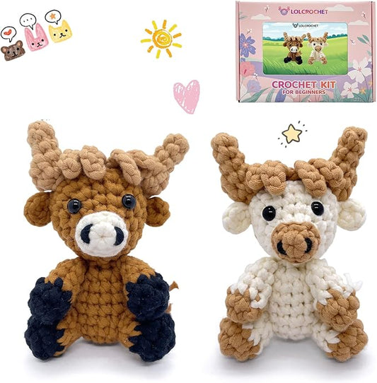 Highland Cow Crochet Kit for Beginners & Adult, Learn to Crochet Starter Set with Step-by-Step Video Tutorial & Instruction, Easy Animal Knitting Kit for Kid 12+, Fun Holiday Craft Gift