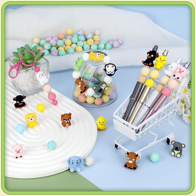 12pcs 3D Animals Silicone Focal Beads Silicone for Keychain Making Beads for Pens Shape for Bracelet Necklace Crafts （3D Animals style2.0）