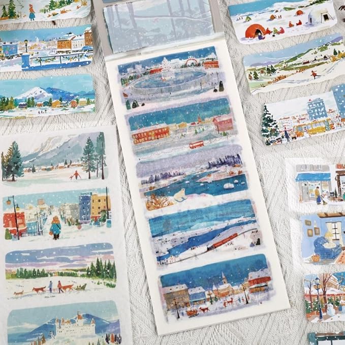 20 Sheets Pre-Cut Winter Scenery Scrapbook Sticker Book for Scrapbooking Supplies, Dual Washi and PET Materials Decorative Stickers for Journaling, Collage, Bujo, Crafts, 4.5 x 9.8 inches