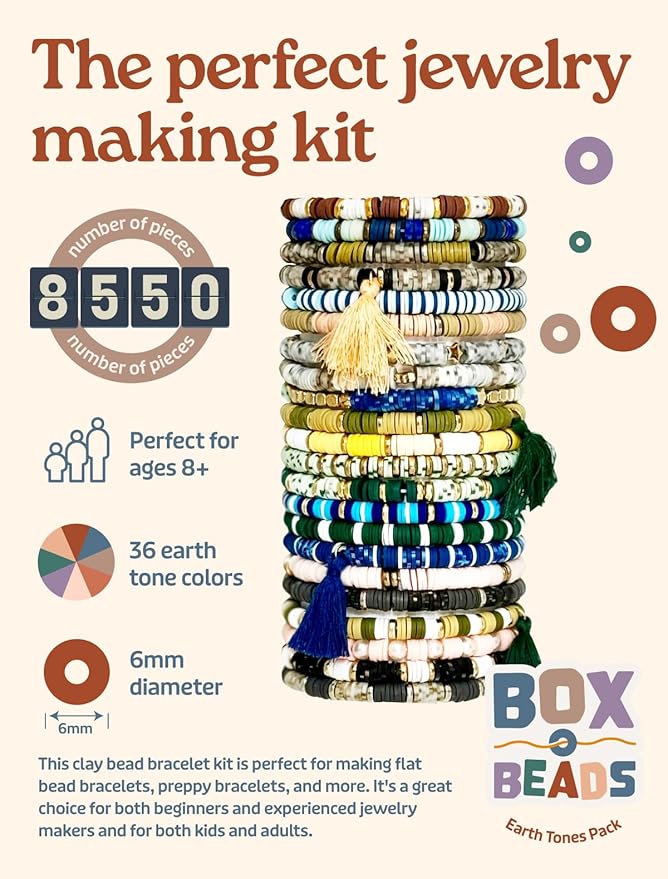 Box-O-Beads Earth Tones Clay Beads Bracelet Making Kit with 8,550 Pieces - Friendship Bracelet Kit with 36 Earth Tone Colors and Charms - DIY Jewelry for Girls and Adults