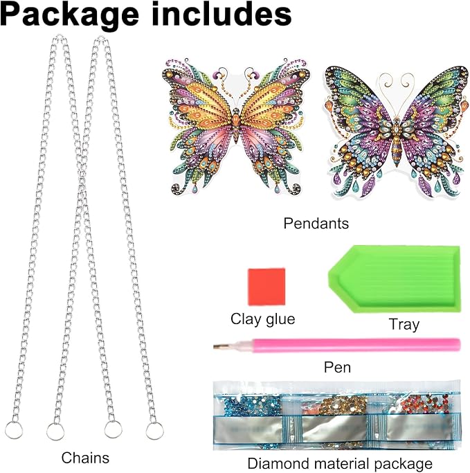 JISHSHAY 2 PCS Diamond Painting Pendant DIY Butterfly Crystal Wind Chimes Suncatcher Art Ornaments Hanging for Garden Wall Decor
