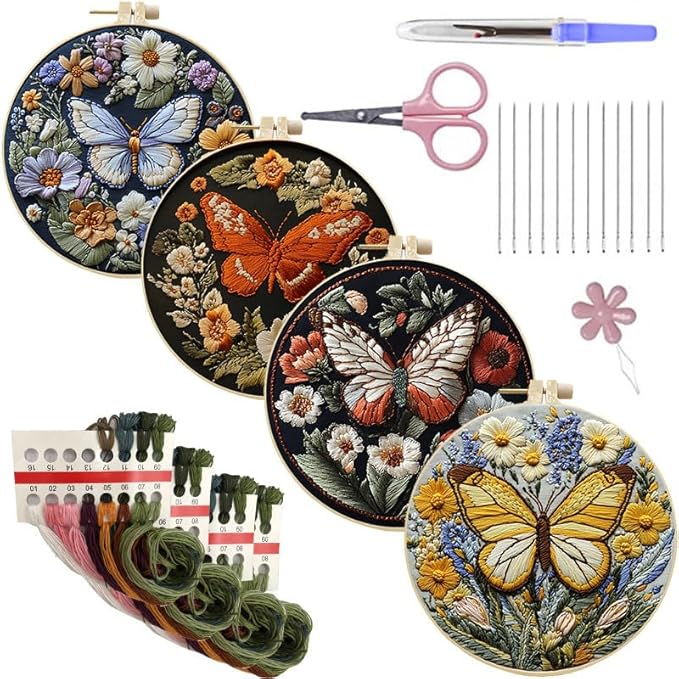 LB 4 Pack Colorful Butterfly Embroidery Kit for Beginners Nature Flower Beginner Embroidery Kit for Adults DIY Starter Kit with Embroidery Hoop Colorful Threads Tools Step by Step Instructions