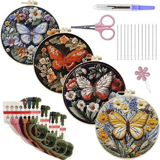 LB 4 Pack Colorful Butterfly Embroidery Kit for Beginners Nature Flower Beginner Embroidery Kit for Adults DIY Starter Kit with Embroidery Hoop Colorful Threads Tools Step by Step Instructions