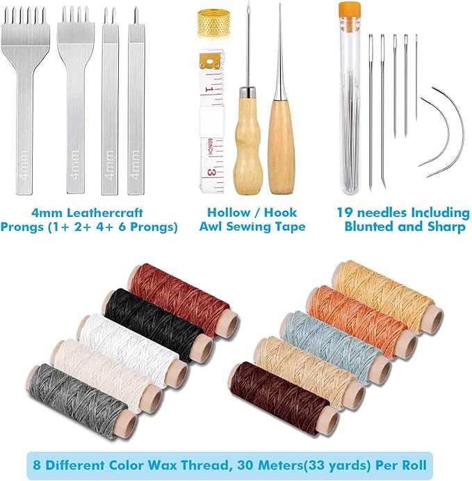 Cridoz 35 Pcs Leather Pouch Kit with Hole Punch, Sewing Tools, Waxed Thread and Large-Eye Stitching Needles for Beginner Crafting Projects