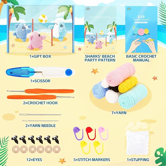 crochet kit for beginners -3 pcs sharks with a ball crochet kit with step-by-step video tutorials, beginner crochet kits for adults, crochet animal kit, shark beach party crocheting set