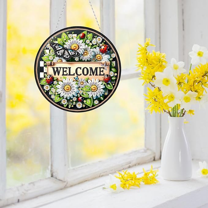Generic DIY Hanging Diamond Pendant Special Shaped Crystal Diamond Art Painting Ornament Single Sided for Window Home Garden Wall Door Decor-Butterfly Daisy Flowers