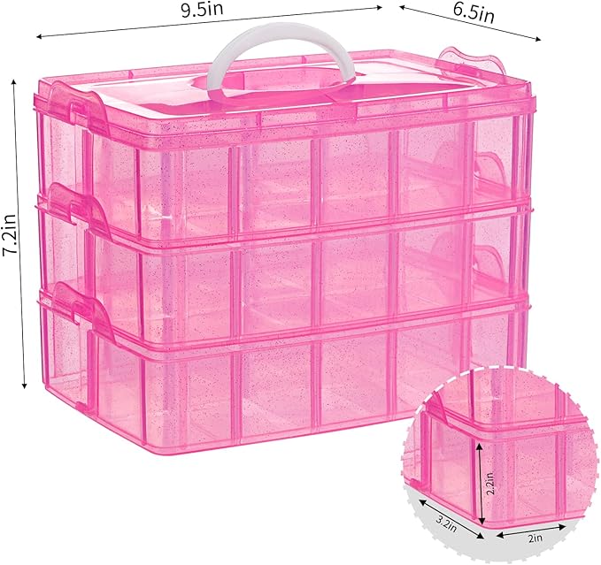 SGHUO 3-Tier Pink Craft Storage Container, Stackable Organizer Box with Dividers for Art Supplies, Beads, Washi Tapes, Seed, Hair Accessories, Nail, 9.5X6.5X7.2in