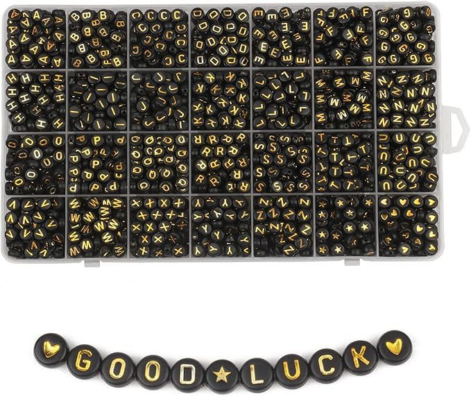 Song Xi 1400pcs Round Acrylic A-Z Alphabet Beads - Gold & Black Letter Beads for Bracelet Making, 28 Grid Box