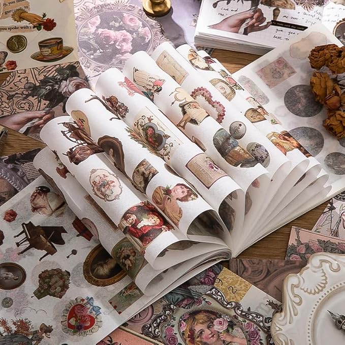 50 Sheets Victorian Journaling Stickers and Collage Paper, Ephemera Book for Junk Journals Supplies, Scrapbooking, 30 Sheets Pre-Cut Washi Stickers, 20 Decorative Background Papers
