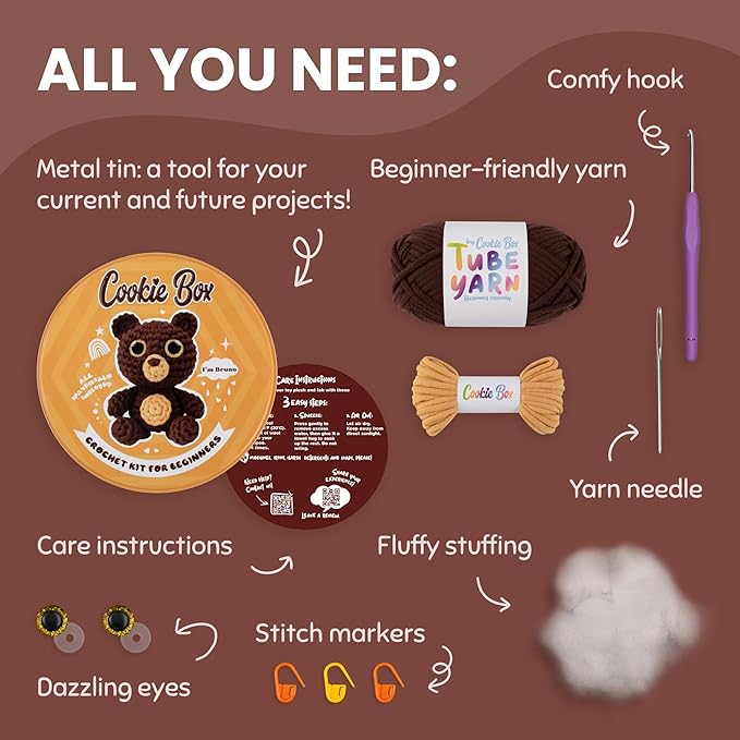 Cookie Box Original Crochet Kit for Beginners – Gift Set to Make Bear Bruno Amigurumi Plushie – Easy DIY Crochet & Knitting Starter Kit with Video and PDF Tutorials