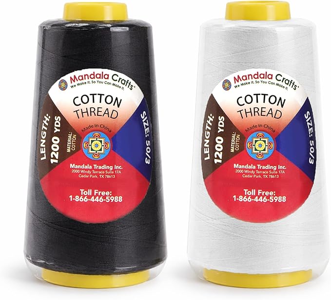 Mandala Crafts Black White Thread Cones for Machine and Hand Quilting - 4800 Yds 50 WT Multiple Purpose Mercerized 100% Cotton Threads for Sewing Machine Serger Embroidery