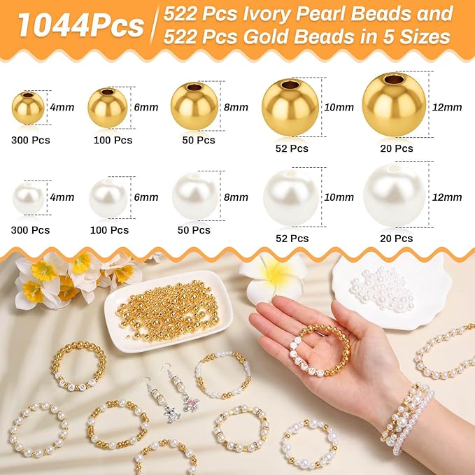 Audab Pearl Beads for Jewelry Making, 1048 Pieces Round and Gold Pearl Beads for Bracelet Making, 5 Sizes
