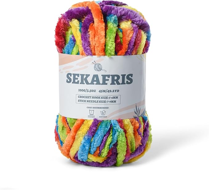 Fuzzy Chunky Chenille Yarn for Crocheting，Soft Plush Yarns for Hand Knitting，Bulky 100 g（49.2 yd） Baby Blanket Yarn for Crocheting Amigurumi，Crochet Fluffy Velvet Yarns (Rainbow)