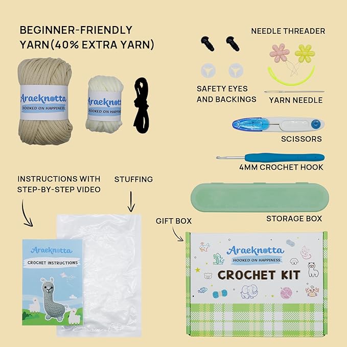 Araeknotta Crochet Kit for Beginners with Easy to Use Yarn, Crochet Hooks, Video Tutorial, Animal Amigurumi Craft Gift for Kids Women Adults (Llama)