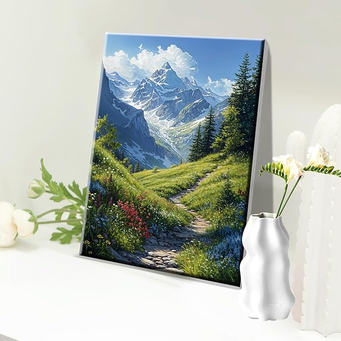 JOOZ Landscape Paint by Numbers for Adults Beginner with Easel Mountain Paint by Number Kits on Canvas with Frame DIY Abstract Tree Oil Painting for Gift Home Wall Decor 7.87x11.81 Inch
