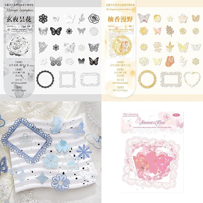 138 PCS Vintage 3D Hollowed Flower Butterfly and Window Frame Stickers, Creative Scrapbook Stickers for DIY Diary Junk Journal Handbook Journaling Scrapbooking Supplies Kit Pop-up