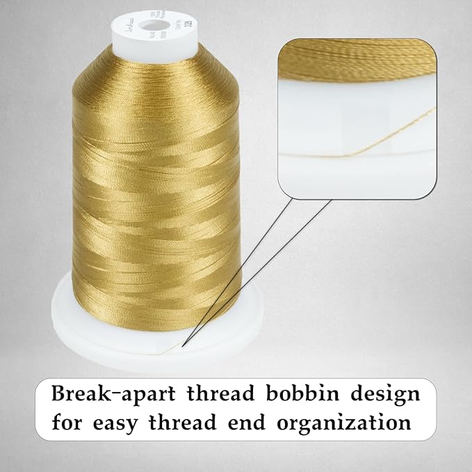 Simthread Trilobal Polyester Thread – 5000M (5500yds) No.40 – Super Sheen, Tangle-Free – Built-in Thread Lock Spool – Compatible with Brother, Singer, Janome & More, Brass-328