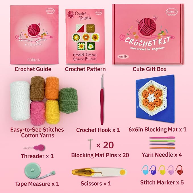 SGIBYN Crochet Kit for Beginners with Step-by-Step Video Tutorials, Granny Squares Beginners Starter Crochet Kit for Women Knitting Kits Learn to Crochet Set (Granny Squares)