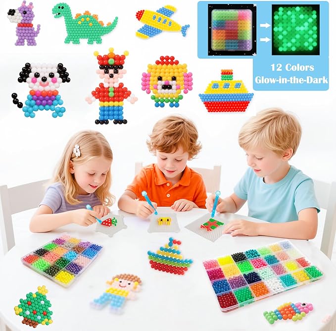 Non-Iron Fuse Beads Kit - 48 Vibrant Colors - 4960 Beads with 12 Glow-in-Dark Arts and Crafts Bundle