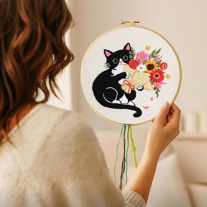 Nuberlic Black Cat Flowers Embroidery Kits for Beginners, DIY Cross Stitch Starter Craft Kits for Adults Including Cloth with Pattern, Hoop, Needles Instruction and Threads