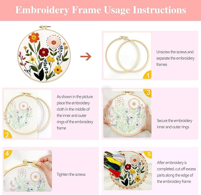 Zhenqing Floral Embroidery Kit for Beginners - Complete Set with Pre-Printed 29x29cm Cotton Fabric, Hoop, Threads & Tools (C0125)