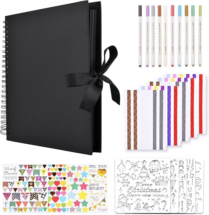 GOTIDEAL 12 x 12 Inch Scrapbook Album with 10 Metallic Markers,80 Pages Craft Paper Photo Album for Wedding and Anniversary, Family DIY Photo Album with Scrapbooking Stickers Corners(Black)