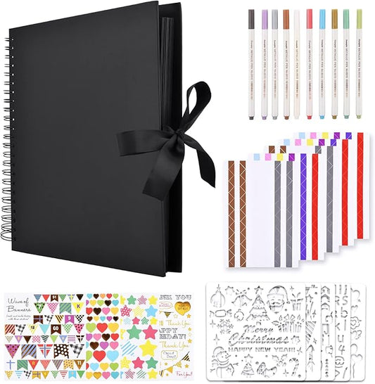 GOTIDEAL 12 x 12 Inch Scrapbook Album with 10 Metallic Markers,80 Pages Craft Paper Photo Album for Wedding and Anniversary, Family DIY Photo Album with Scrapbooking Stickers Corners(Black)