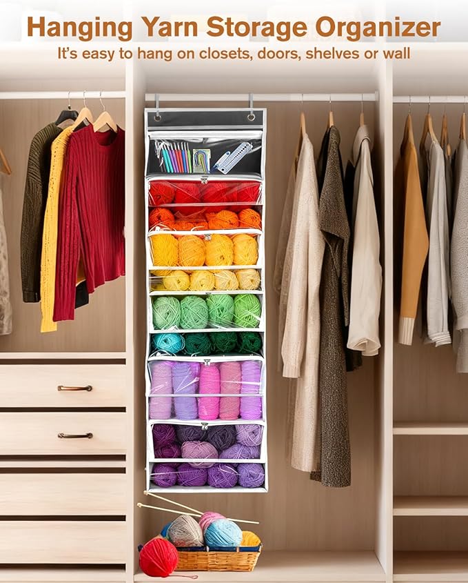 Hanging Yarn Storage Organizer, Large Capacity Over the Door Yarn Organizer with 6 Clear Zipper Pockets 10 Mesh Side Bags, Hanging Yarn Holder Knitting Storage Bag for Crochet Hooks, Black