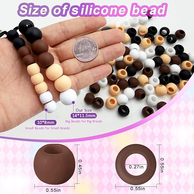 120Pcs 14mm Large Silicone Beads for Hair Braids, Soft Jellyish Hair Beads with 7mm Hole + 50 Rubber Bands and 1 Beader for Braiding, DIY Bracelets Necklaces Crafts(Red)