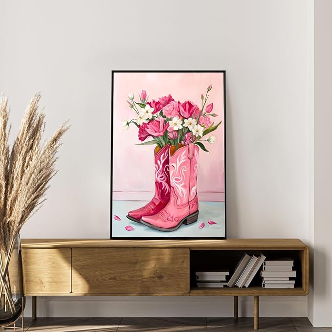 Framed Paint by Numbers Kit for Adults Beginner Pink Boot, Adult Paint by Number Kits on Canvas Framed Flower, DIY Acrylic Oil Painting by Numbers with Frame, Perfect for Home Decor Gift 8 X 12 Inch