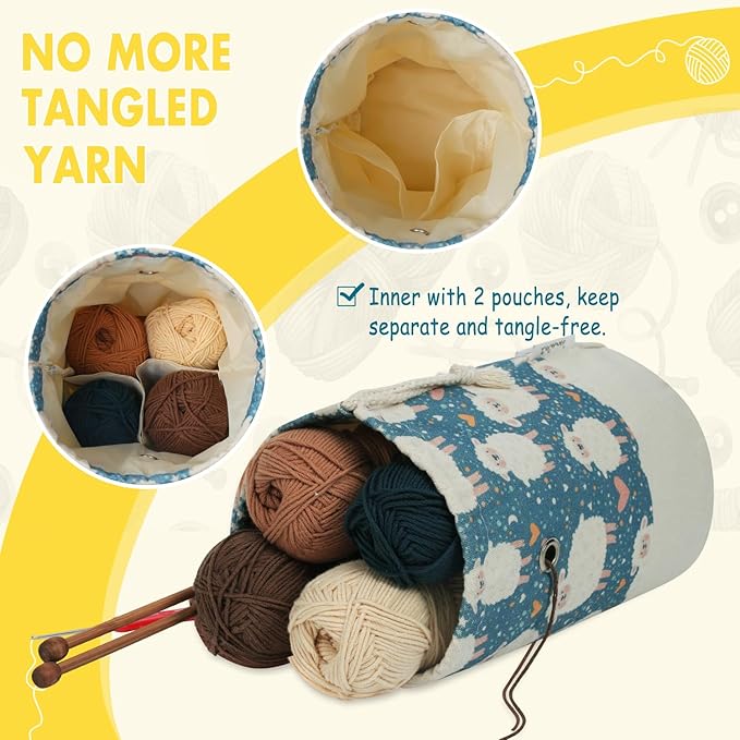 Small Crochet Bag Organizer, Drawstring Storage Knitting Bags, Portable Cute Sheep Yarn Holder for Crocheting Project, Store Skein Ball, Needles Accessories