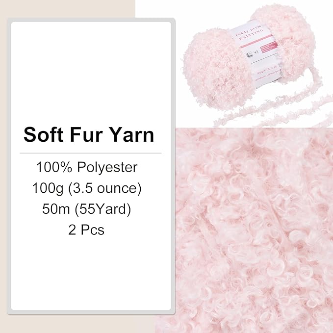 MECCANIXITY 2 Skeins Fur Yarn Soft Fluffy Chunky Yarn Fuzzy Eyelash Yarn Light Pink for Crocheting Knit Clothes Bag - 55Yard/50m, 3.19ozx2