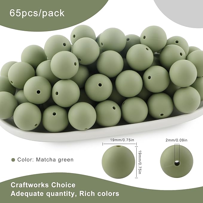65Pcs 19mm Silicone Beads for Keychain Making Bracelet Necklace, Bulk Round Silicone Beads for Pens（Matcha Green）