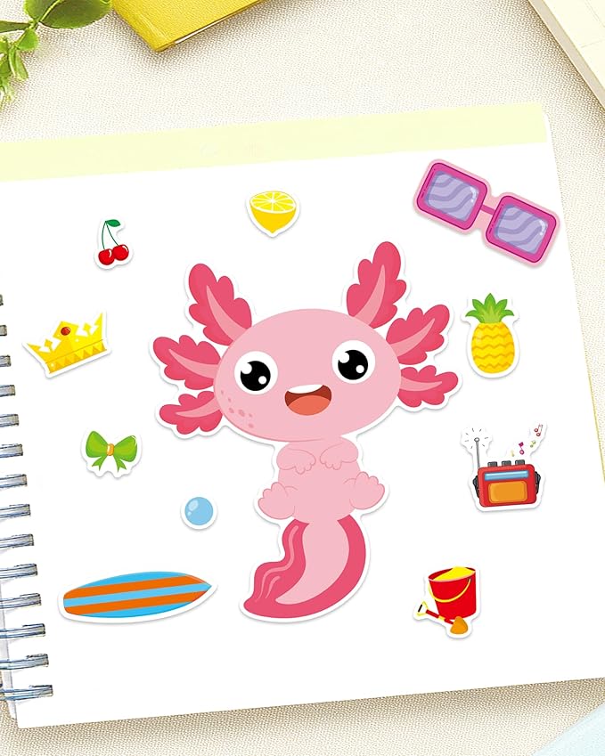 aowplc 32 sheets axolotl make-a-face stickers mix 'n match crafts for kids axolotl party favors & activities