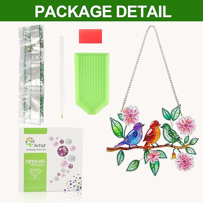 CEOVR Birds Hanging Diamond Art for Adults, Spring Birds Flower Diamond Painting Pendant DIY Gem Art Wall Hanging Ornament, Acrylic Home Garden Decor with Chain, Box Kit 7.87 * 6.29inch