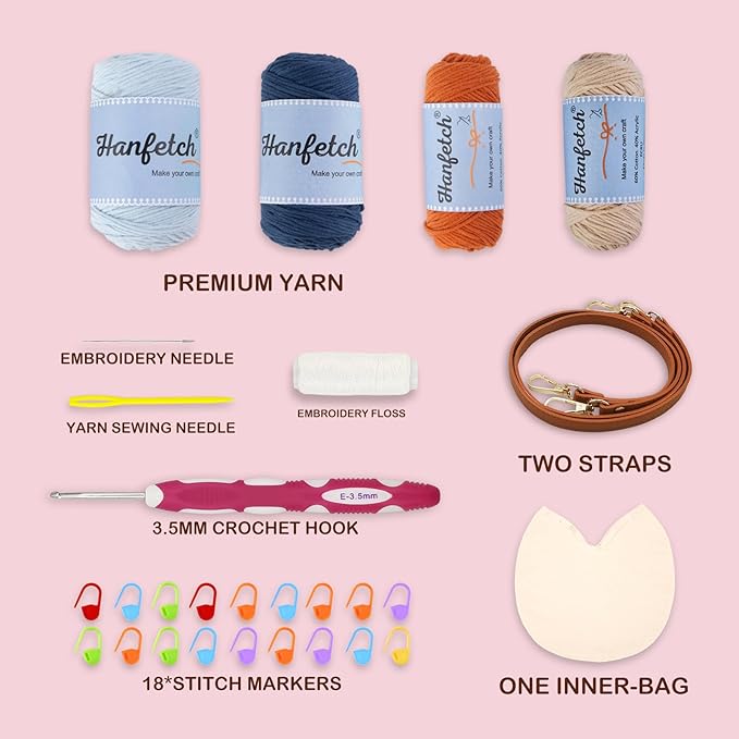 Hanfetch Crochet Kit for Advanced or Intermediate Beginner, Step by Step Video Tutorial and Detailed Guide Instruction DIY Craft Supplies for Adult and Kid with Complete Kit for Granny Square Tote Bag