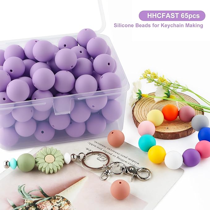 65Pcs 19mm Silicone Beads for Keychain Making Bracelet Necklace, Bulk Round Silicone Beads for Pens（Light Purple）