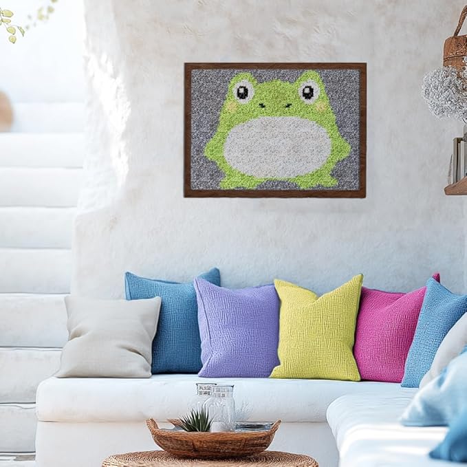 ORIGACH Frog Latch Hook Rug Kit for Adults DIY Needlework Cover Printed Rug Making Kit Handmade Carpet Tapestry with Hook Latch and Preprinted Canvas, Home Arts Crafts Sofa Decor, 20.5x15inch