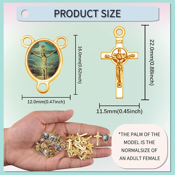 60Pcs/30Sets Rosary Making Kits Supplies Alloy Religion Cross and Center Medal Charms Pendant Oval Chandelier Links for Diy Prayer Necklace Jewelry