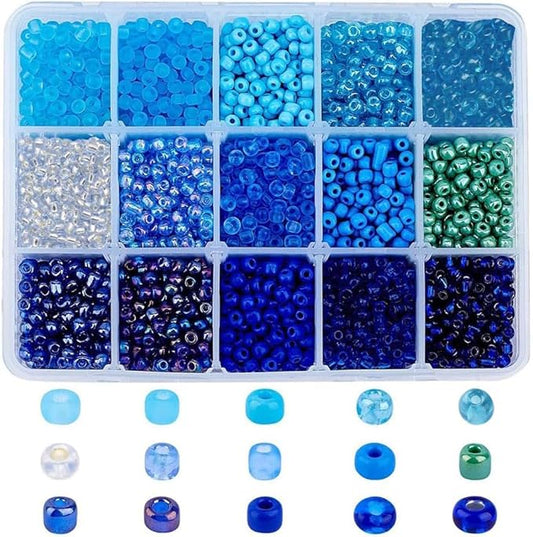 NBEADS 15 Colors 6/0 Glass Seed Beads, About 3000 Pcs 4mm Blue Round Pony Beads Mini Spacer Loose Beads for Jewelry Design Necklace Bracelet Earring Making