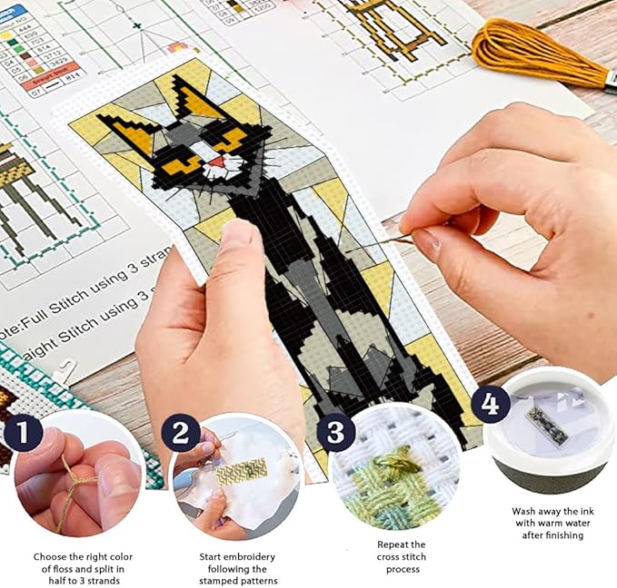 ORIGACH 6 Set Stained Glass Black Cat Cross Stitch Bookmark Kit for Beginner with Backing Felt Floss Instructions DIY Stamped Embroidery Bookmark Kit for Adults, Book Lovers