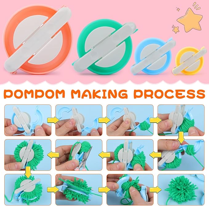 FTEVEN 27Pcs Pom Pom Maker, 4 Size Pompom Maker Kit for Fluff Ball Weave, Crochet Knitting with Scissor and Instruction for Adult DIY Decoration Yarn Knitting Project