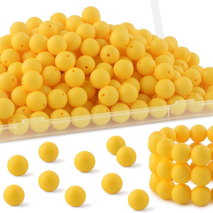 150Pcs 15mm Silicone Beads for Keychain Making Bracelet Necklace, Bulk Round Silicone Beads for Pens（Yellow）