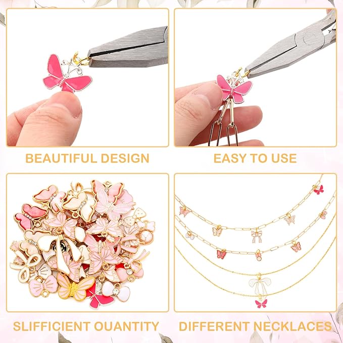 Quelay 91 Pcs Pink Bow Enamel Flat Charms Jewelry Making Kit Gold Keychain Making Kit for Necklace Choker Bracelet with Jewelry Pliers, Butterfly Bowknot Charms Pendants for Women DIY Crafts Supplies