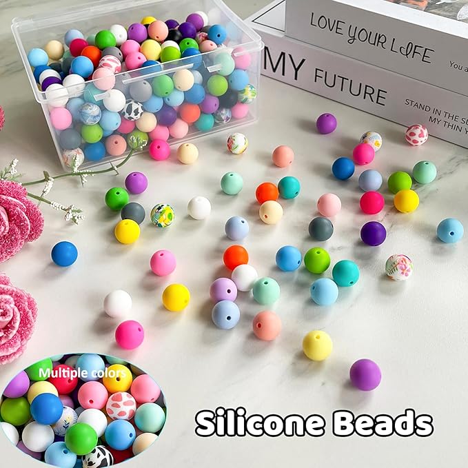 300Pcs Silicone Beads 15mm, 30 Colors 15mm Silicone Print Bead for Keychain Making, Round Rubber Beads Bulk for Pens and Bracelet Making