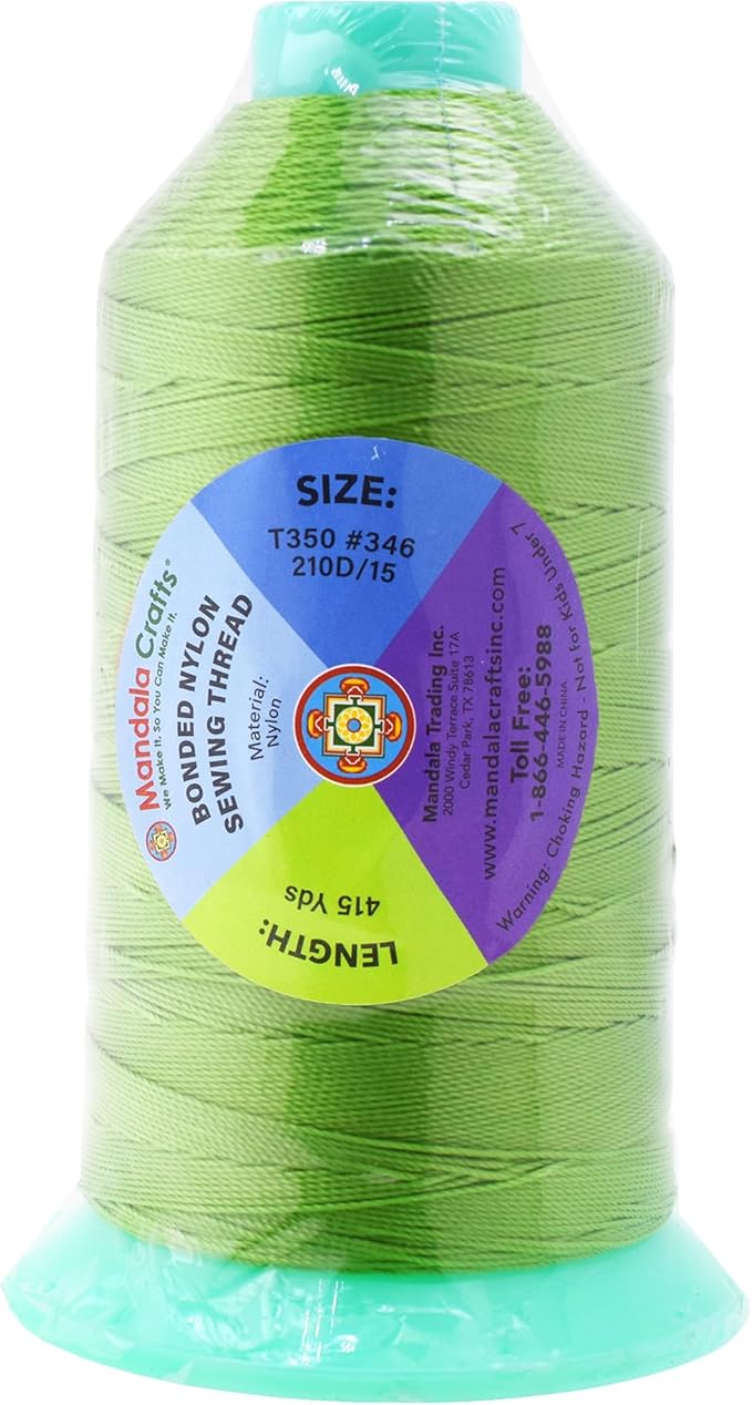 Mandala Crafts Size 346 210D T350 Bonded Nylon Thread - Apple Green 415 YDs Tex 350 Heavy Duty Sewing Threads for Leather, Jeans, Weaving, Outdoor Marine Upholstery