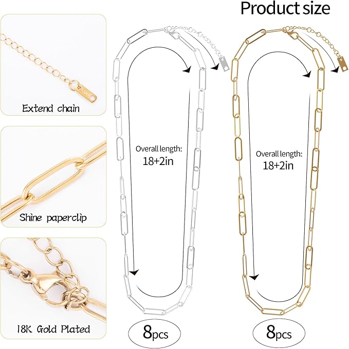 16 Pack 4mm 18K Gold Plated Paperclip Charm Necklace Chains Bulk for Jewelry Making 18Inch 18K Gold Plated and Stainless Steel Necklace Chain with 2 Inch Extension Chain for Women