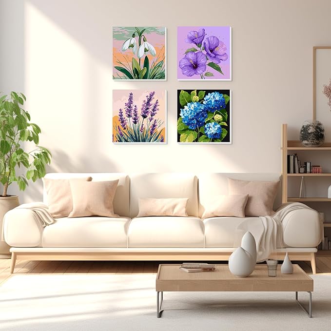 Lxmsja 4 Pack Whispers of Bloom Paint by Numbers Kit for Adults, Easy Framed Paint by Numbers for Adults Beginner, DIY Acrylic Oil Painting Craft Kits for Home Wall Decor 8x8 inch
